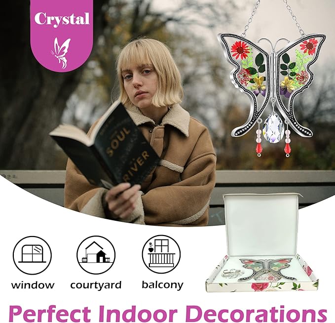 KY&BOSAM Gifts for Mom Crystal Butterfy Suncatcher Stained Glass Butterfly Suncatchers for Windows with Pressed Real Flowers Heart Charm Engraved with Crystal Mother`s Day Birthday