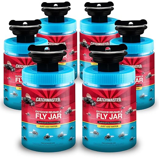 Catchmaster Outdoor Reusable Fly Traps Outdoor with Bait Included – 6 Non-Toxic, Pet Safe Hanging Fly Jars – Bug Catchers for Yard, Patio & Trash – Sets Up in Seconds