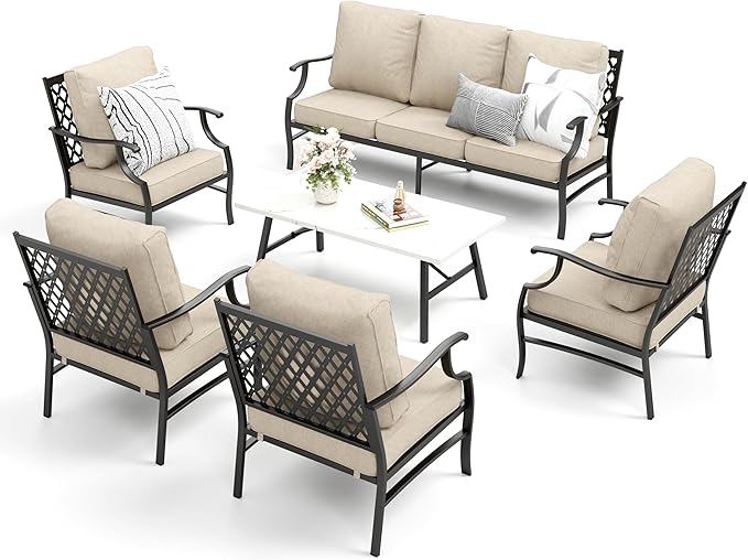 Patio Furniture Set 6 pcs, Outdoor Patio Furniture, 3-Seat Sofa, 4 X Single Chairs, 1 X Coffee Table and 5.75" Extra Thick Cushion, Patio Conversation Set,Beige