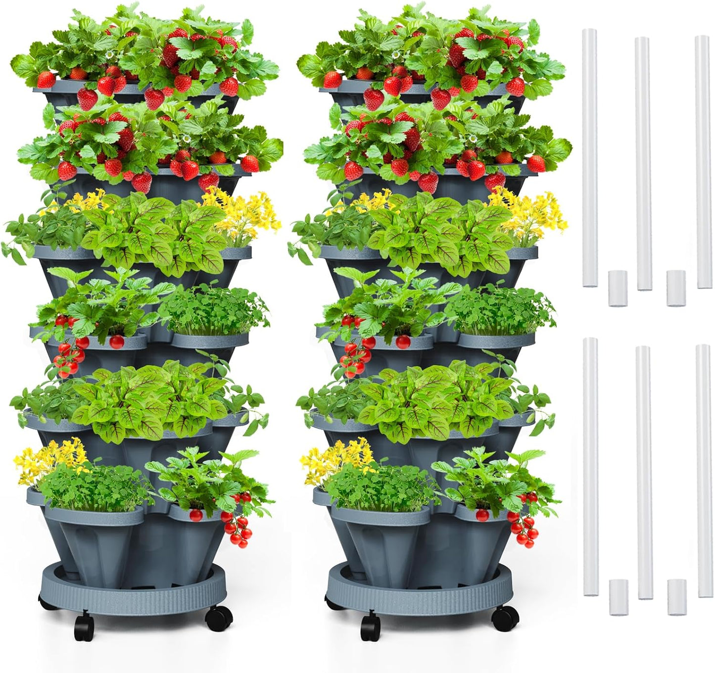 Strawberry Vertical Planters Tower Garden 2 Pack, 6 Tiered Stacking Herb Planter with Support Pole Indoor and Outdoor - Hunter Green