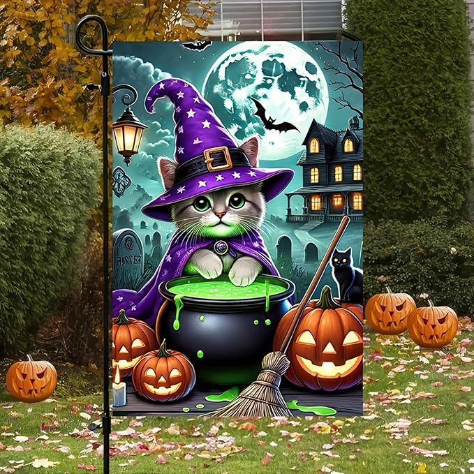 Halloween Garden Flag Double Sided 12x18 Flag Cat Flag Adorable Halloween Cat Garden Flag With Witch Hat And Cauldron Spooky Pumpkin And Haunted House Design For Outdoor Lawn Yard Decor