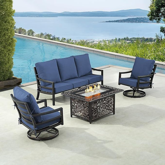 Oakland Living Black Aluminum Patio Fire Table Set with Deep Seating Sofa with Cushions and Two Club Chairs with Blue Cushions