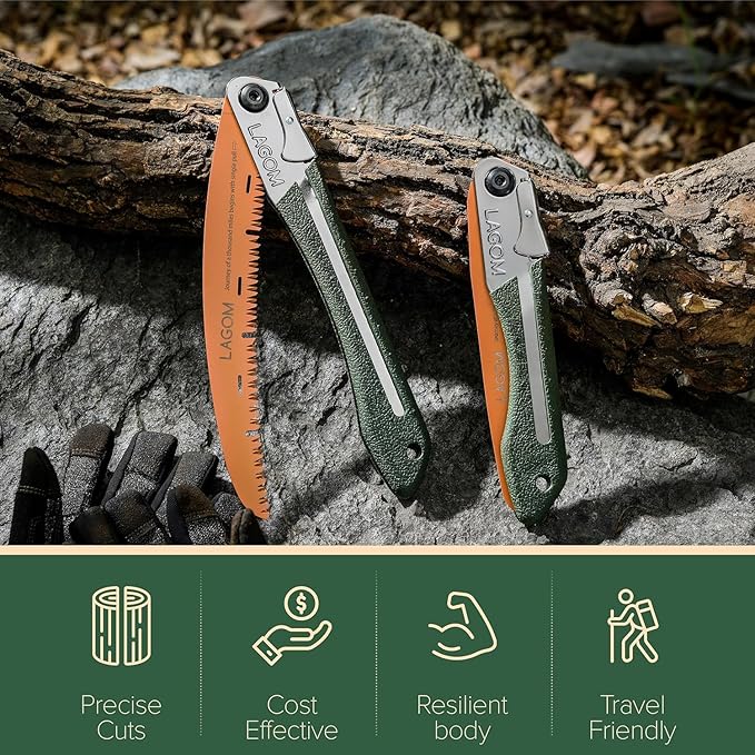 LAGOM Folding Camp Saws for Cutting Branches – 2 Pack (11.4" & 8.2") | SK5 Steel Blades, Ergonomic Handle, Secure Lock | Foldable Tool for Camping, Gardening, Survival, Kayaking, Outdoors