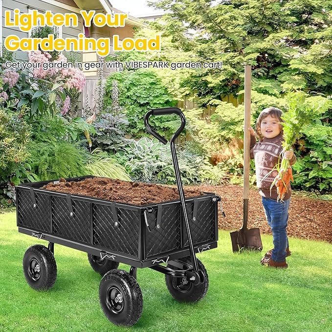 Garden Cart, Heavy Duty 880 Lbs Capacity Mesh Steel Garden Cart with Removable Sides to Convert into Flatbed, Utility Metal Wagon with 180° Rotating Handle and 10 in Tires, Black