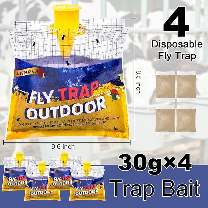 Disposable Fly Traps Bags 4 Pack Hanging Outdoor, Flies Traps with Natural Pre-Bait Refill Catcher Repellent, Stable Horse Ranch Killer Helps Control