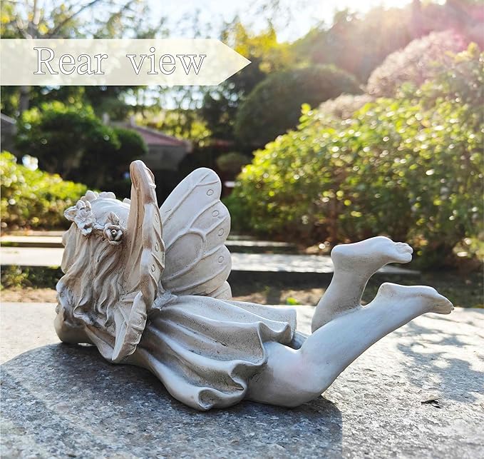 MeritMode Fairy Garden Figurines - Angel Statue with Butterfly and Holding Face, for Mom, Resin Outdoor Figurine for Patio & Yard, 10" Width
