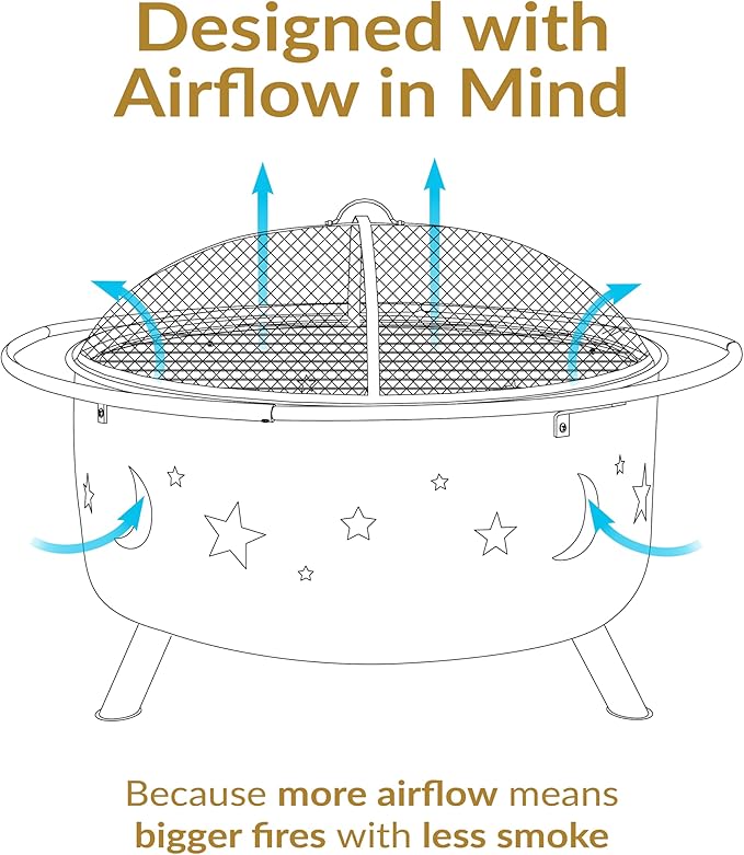 Sunnydaze Cosmic 30-Inch Patio Fire Pit for Outside - Outdoor Wood-Burning Fire Pit with Grill Grate, Spark Screen, and Fireplace Poker