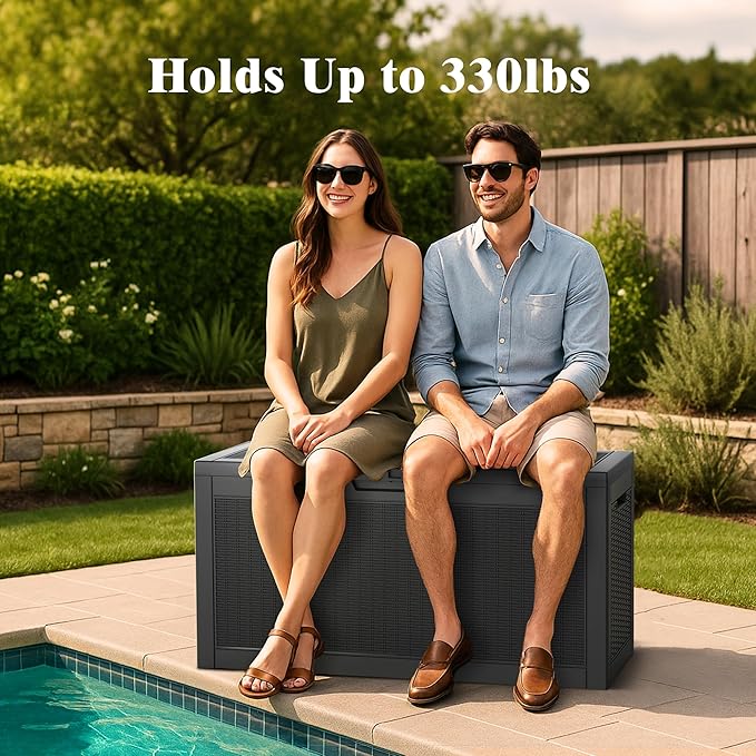 60 Gallon Outdoor Storage Box, Waterproof Deck Box with Handles and Lockable Lid, Resin Patio Storage Box with Hydraulic Rods for Garden Tools, Cushions, Black