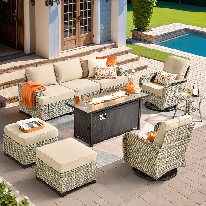 HOOOWOOO Outdoor Sectional Patio Furniture Set with Fire Pit Table,9 Pieces Wicker Conversation Sets,Extra Deep Out Door Sofa Outside Furniture Couch Swivel Chairs Ottoman,Beige