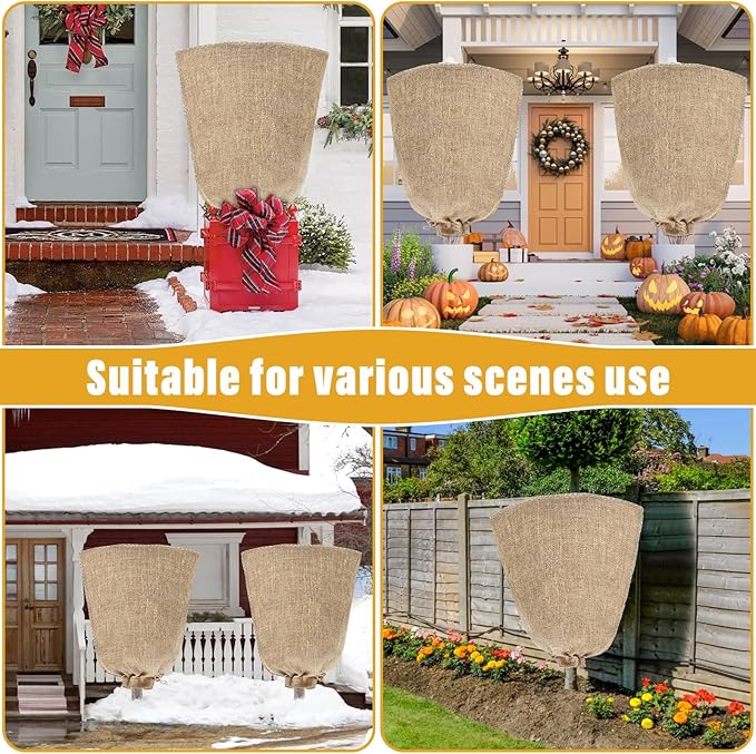 Riare 4 Packs 32 × 40 Inch Burlap Winter Plant Cover Bags with Drawstring- Reusable Large Burlap Sack Plant Frost Protector, Plant Frost Cloth Cold Tree Freeze Blanket for Outdoor Plants Fruit Shrubs