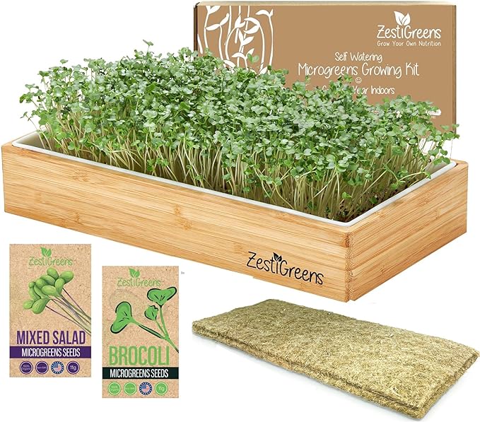 Self-Watering Microgreens Growing Kit – Easiest Way to Grow Fresh Microgreens at Home. Includes Reusable Tray, Organic Seeds, Grow Mats & Stylish Bamboo Frame – No Soil, No Mess (Salad & Broccoli)