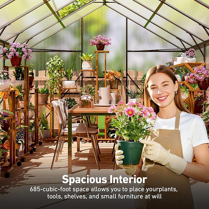 8x10FT Greenhouses for Outdoors, Polycarbonate Green House with UV Protection, Heavy Duty Greenhouse with Windproof Aluminum Frame, Roof Vent & Quick-Install Design for Backyard or Garden Use