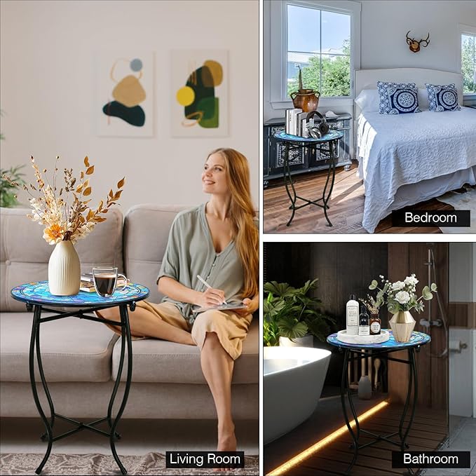 Patio Side Table, 14 Inch Weather Resistant Metal Side Table, Side Table for Patio Yard Porch Balcony Garden Bedside Plant Stand Indoor Outdoor, Small Round Outdoor End Table