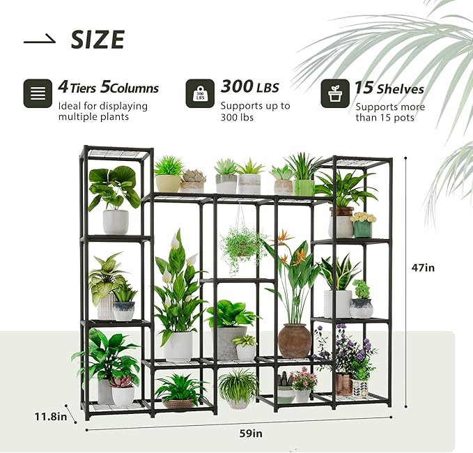 Large Plant Stand Indoor Outdoor Metal Plant Shelf Waterproof Plant Rack for Multiple Plants Wide Flower Stand for Patio Balcony Garden Black