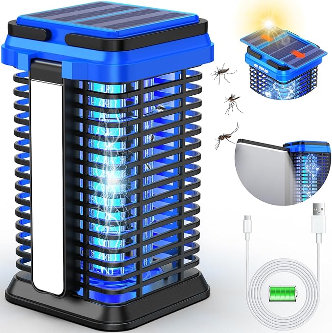 Rechargeable Solar Bug Zapper Outdoor & Indoor Blue, 5000mAh Mosquito Zapper Fruit Fly Trap, Gnat Moths Catcher, 4200V Grid, USB Charging, Fit for Home, Kitchen, Backyard, Camping, Patio