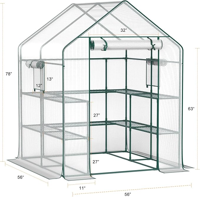 Greenhouse with 2 Mesh Windows, 4 Tiers, and 10 Shelves - Durable PE Cover, Pegs and Ropes for Stability- Perfect for Outdoor Gardens, Plants, Herbs, and Flowers