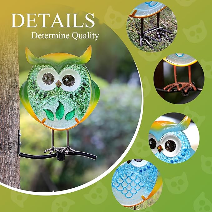 Owl Garden Decor for Outside, Stand & Tree Hugger Outdoor Owls Statues Yard Art Set of 3, Funny Metal & Glass Figurines Gifts for Grandma Mom Women