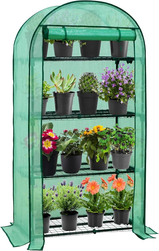 EAGLE PEAK Mini Greenhouse with Wire Shelves, Portable Indoor & Outdoor Green House with Roll-Up Zipper Door, 4 Tier, 31.5”x17.7”x63.0”, Green PE Cover