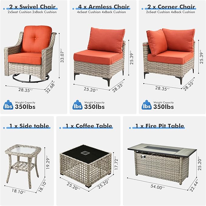 HOOOWOOO Outdoor Patio Furniture Set with Fire Pit Table,11 Pieces Wicker Out Door Sectional Furniture L Shaped Couch,Outside Patio Conversation Swivel Chair Sets,Orange Red