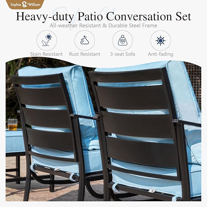 Sophia & William Patio Furniture Sets for 9 with 45" Gas Fire Pit Table Outdoor Conversation Sets 8 Pcs, 2xSofa Chairs, 2xSwivel Cushion Chairs, 1x3-Seat Sofa, 2xOttomans for Porch Poolside Blue