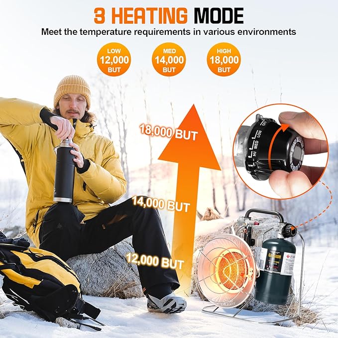 Outdoor Multi-Use Portable Propane Patio Heater/Cooker, 18,000 BTU include 8.8 FT Hose and USB Lighter, Gas Camping Heater for Tent Hunting, Fishing,RV (Fuel not included)
