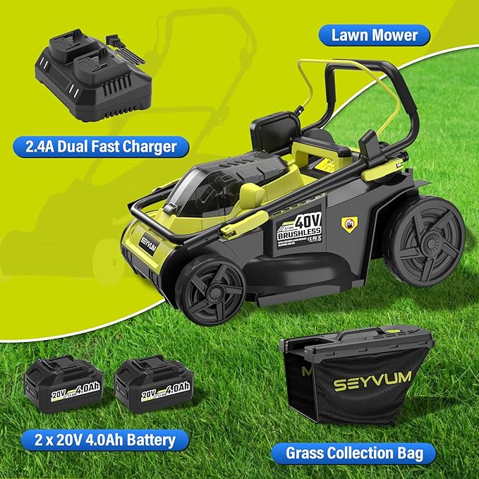 SEYVUM 40V 16-inch Cordless Lawn Mower with 45L Grass Collection Bag, 6 Position Height Adjustment Electric Lawn Mower, 2 x 20V 4.0Ah Battery Powered Push Lawnmower, 2.4A Fast Charger