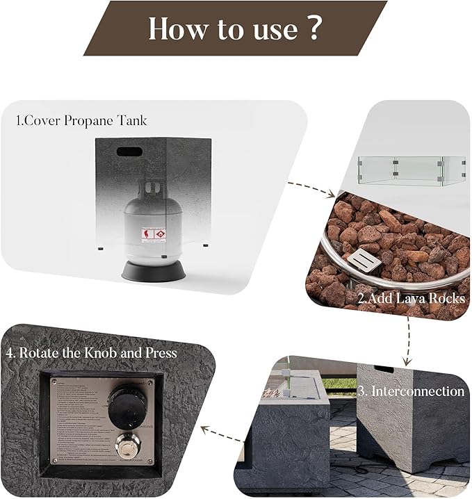 Cosiest Propane Fire Pit with Wind Guard&Tank Cover for Outside, 28 in Square Gas Fire Pits for Outdoor Patio, CSA Certified, 50000 BTU Concrete Rectangle Base with Rain Cover, Free Lava Rocks