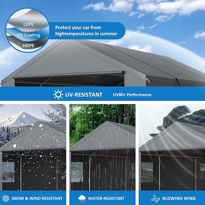 Polar Aurora Carport 20x20 FT, Heavy Duty Car Port Canopy, with 2 Side-Opening Door & Roll-Up Windows, Outdoor Portable Garage for Car, Truck, Boat, Motorcycle