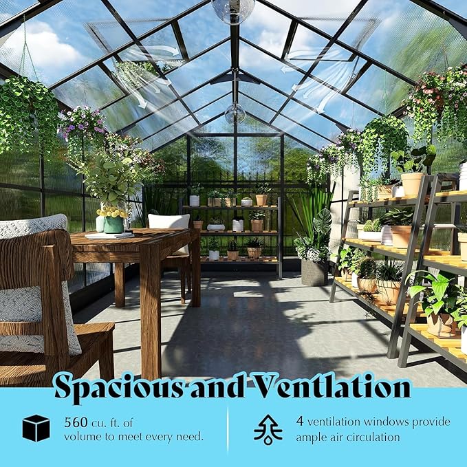 AMERLIFE 8x14x7FT Polycarbonate Greenhouse, Walk in Greenhouse with Quick-Connect System, Green House with 4 Vent Windows and Swing Door, Greenhouses for Outdoors, Glossy Black