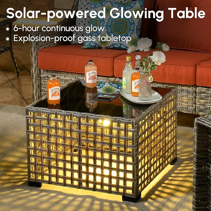 5 Pieces Patio Outdoor Furniture Set with Swivel Rocking Chairs,All Weather Wicker Rattan Patio Seating Sofa and Chair Set w/Glowing Table,Outdoor Conversation Sets for Deck Yard Garden,Red