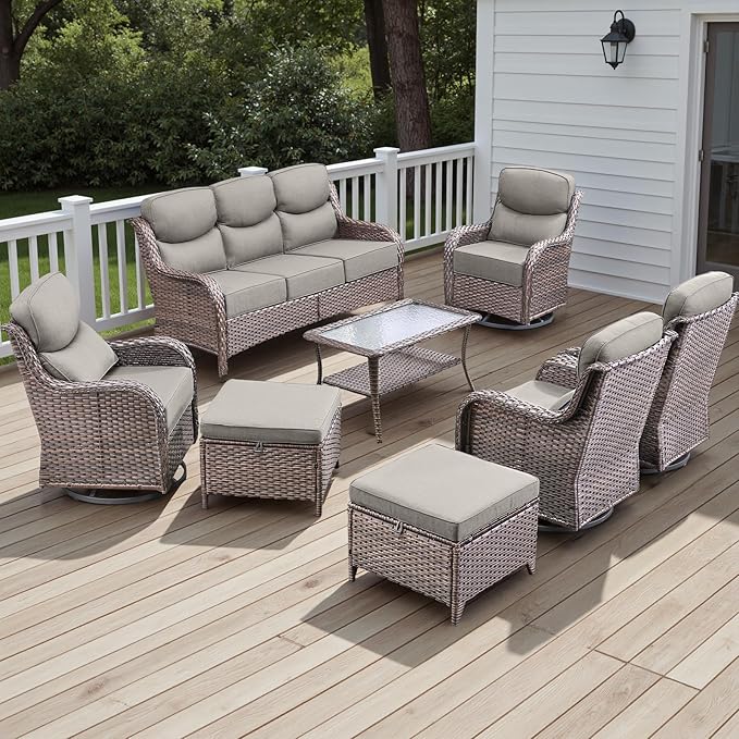 Wicker Outdoor Patio Furniture Set - 8 Piece Patio Conversation Sets with Swivel Rocker Chairs, Ottomans, Sofa and Table, 6 inch Cushions, Deep Seating, for Porch Deck Brown/Beige