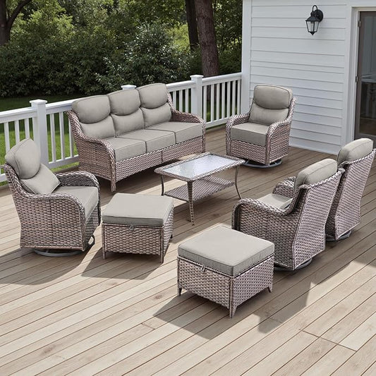 Wicker Outdoor Patio Furniture Set - 8 Piece Patio Conversation Sets with Swivel Rocker Chairs, Ottomans, Sofa and Table, 6 inch Cushions, Deep Seating, for Porch Deck Brown/Beige