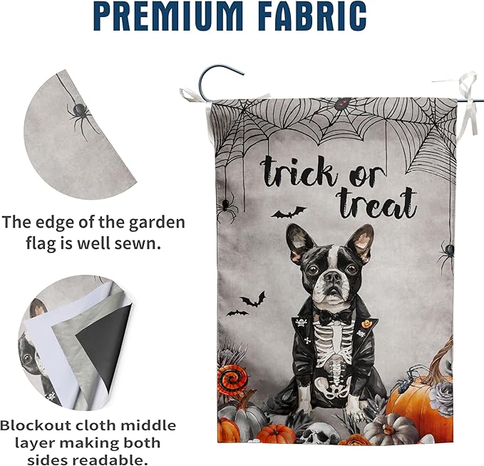 Halloween Boston Terrier Garden Flag Trick or Treat Yard Flag Ghost Dog Garden Flags for Outside 12x18 Double Sided Mini Skeleton Halloween Decor Outdoor Lawn Welcome Flag