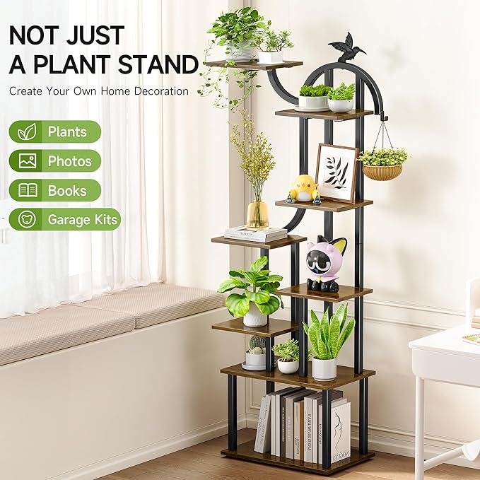 Plant Stand Indoor with Grow Lights, 63" Metal Plant Stand for Indoor Plants, 8 Tiered Tall Plant Shelf with Magnetic Cable Organizers and Decorative Bird, Plant Holder for Patio, Living Room, Home Decor