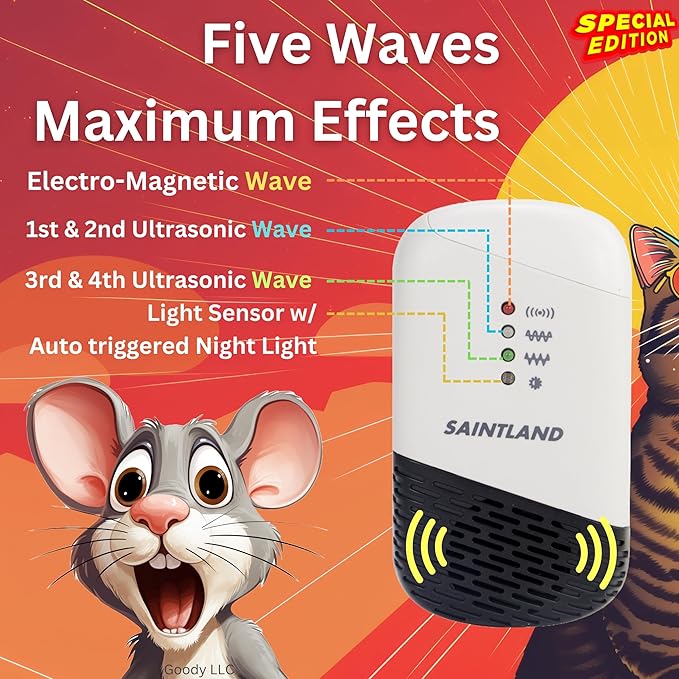 5-Wave Ultrasonic Mouse Repeller - Platinum Edition, 1 E-Magnetic Wave + 4 Ultrasonic Waves, Plug-n-Work, See Effects in 3 Weeks, Get Rid of Mice Rats Squirrels, Flagship