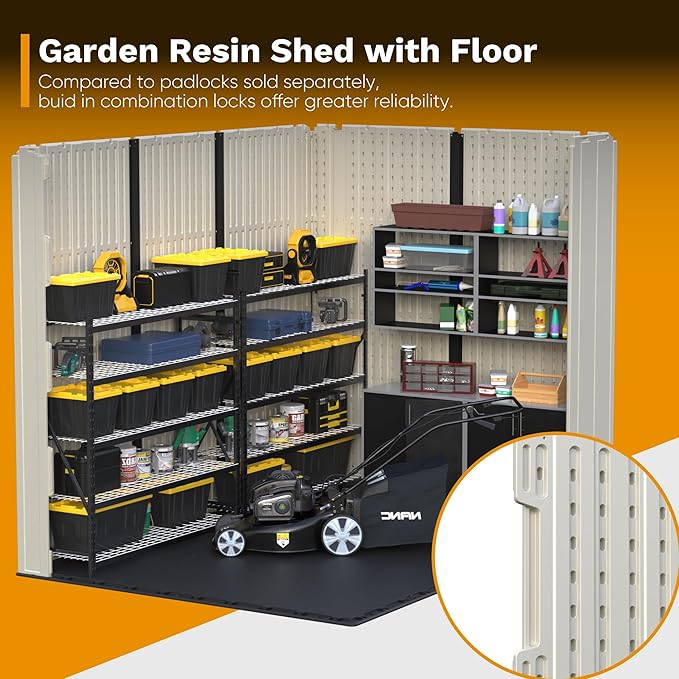 Devoko Plastic Storage Shed with Floor, 8 x 12 FT Outdoor Resin Tool Shed with Lockable Door & Sloping Roof, Patio Kick-it Shed for Garden, Backyard, Lawn, Beige