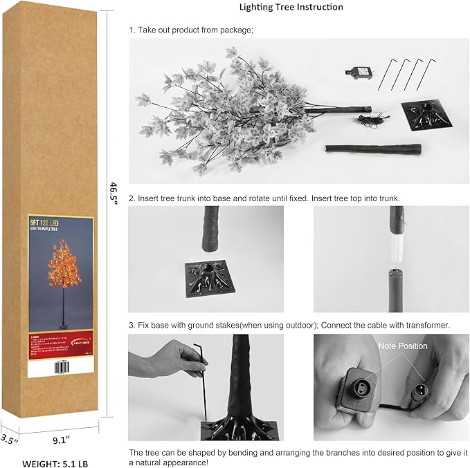 LIGHTSHARE 6FT 120LED Artificial Lighted Maple Tree Warm White Fall Decorations Indoor Ourdoor, Orange