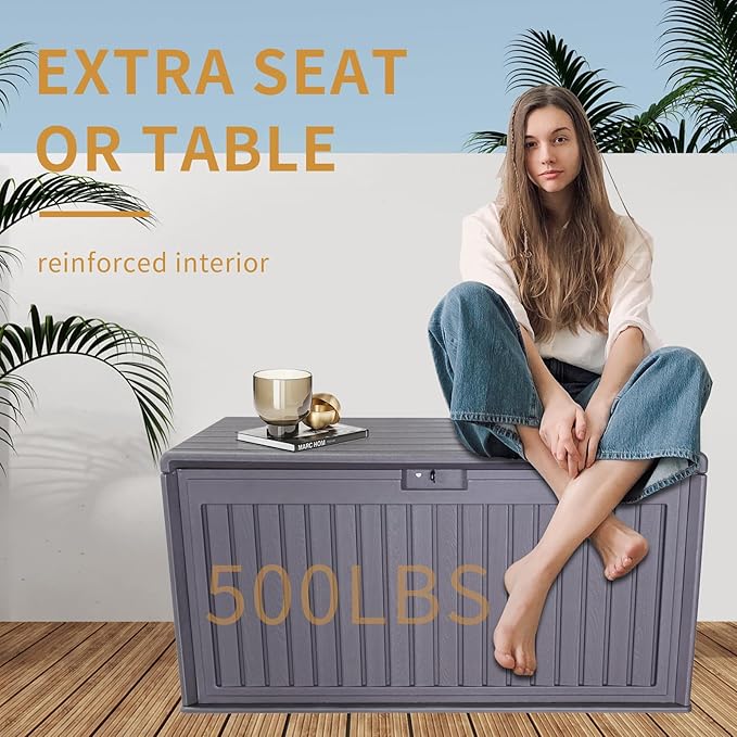 KUIKUI 130 Gallon Deck Box Waterproof, Pool Storage Box, Outside Resin Deck Box for Patio Cushions, Garden Tools and Sports Pools Equipment