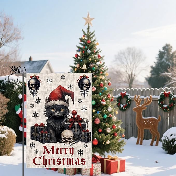 Gothic Christmas Garden Flag Black Cat Goth Halloween Christmas Decor Winter Vertical Burlap Double Sided Yard Welcome Flag Seasonal Xmas Decorations for Festival Holiday Winter Decorations Gifts 12.5*18 Inch