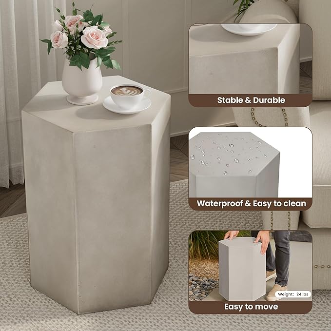COSIEST Concrete Accent Table, Hexagon Patio Side Table 14.5''Wx20''H, Modular Design Indoor Outdoor End Table, Light Grey
