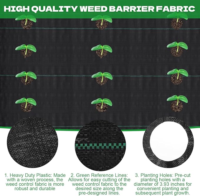 4 x 50ft Weed Barrier Fabric Heavy Duty Landscape Weed Blocker with 80 Holes, Large Weed Block Gardening Ground Cover Mat Weed Control Cloth with 10 U-Shaped Stakes and Gaskets, Black (1PCS,4x50ft)