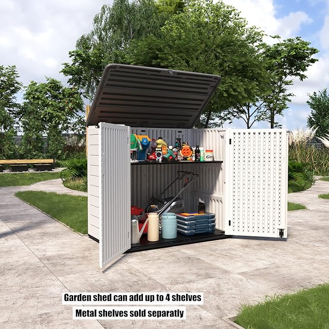 Large Horizontal Storage Sheds,38 cu.ft. Outdoor Storage Box for Garden,Patio and Backyard,Customized Shelves &Lockable(Off White)