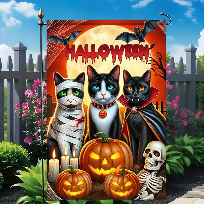 Halloween Cat Garden Flag 12x18 Vertical Double Sided Happy Halloween Pumpkin Holiday Outside Decorations Yard Flag