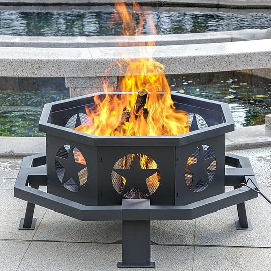 35 inch Fire Pit for Outside, Heavy Duty Wood Burning Fire Pits with Fire Poker, Outdoor Octagonal Firepit for Camping, Yard, Patio