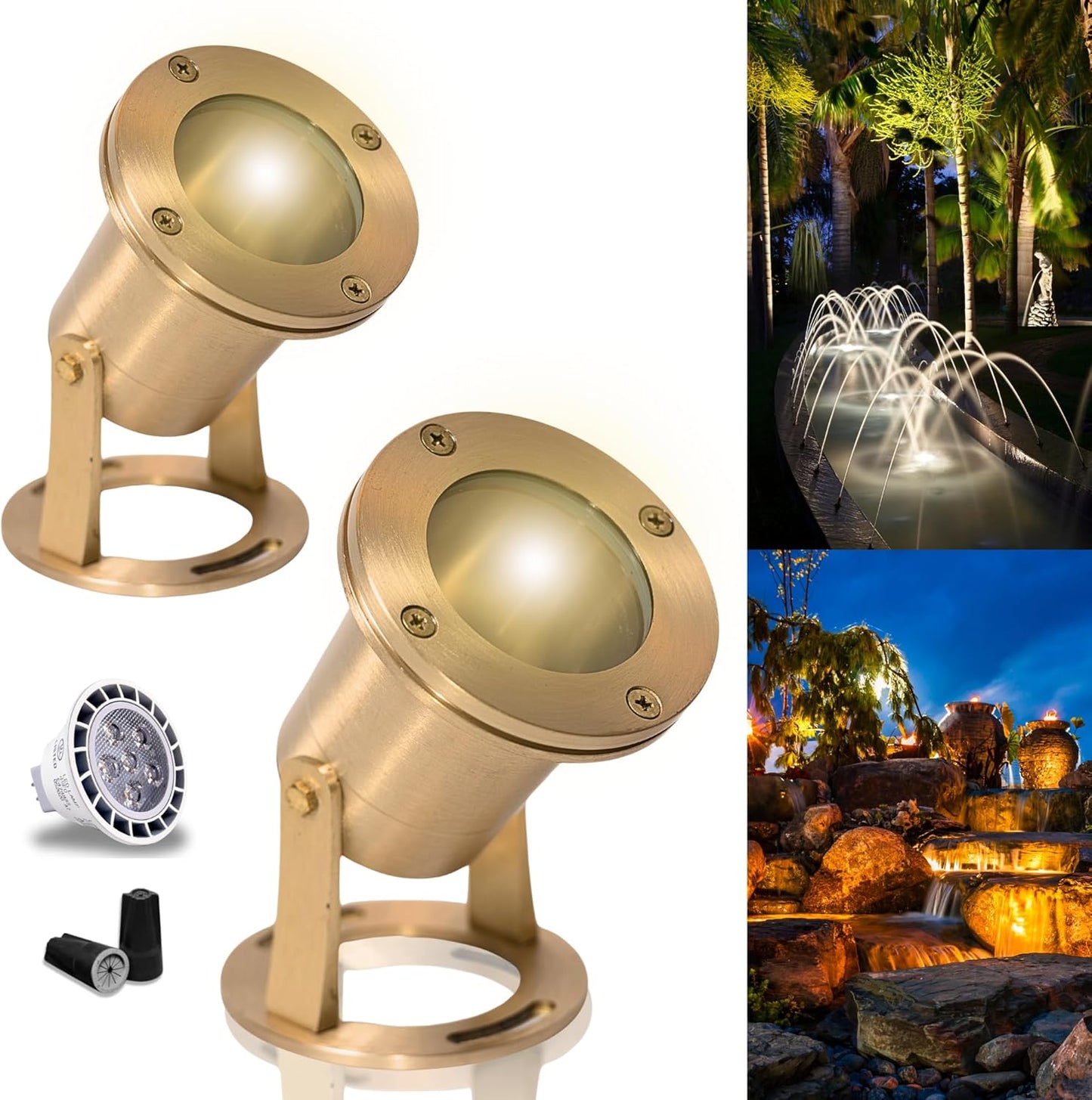 Waterproof Underwater Light 113 (2 Pack) Solid Brass 7W MR16 LED Bulb Pond Submersible Waterfall Pool Fountain Light for Beautiful Bright Long Lasting Home Garden Patio Pool