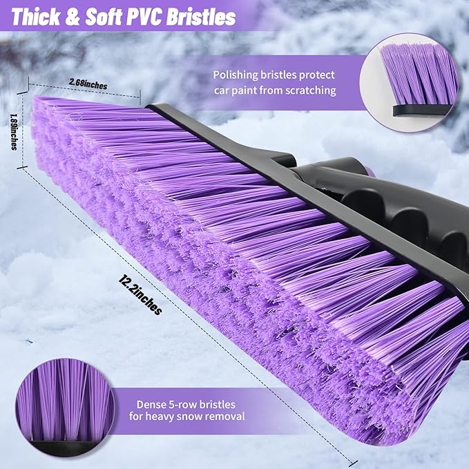 44" Ice Scraper and Snow Brush for Car Windshield with Extendable, 360° Pivoting, Soft Bristle Head, Foam Grip, for Car, Truck, SUV Window Tool (Purple)