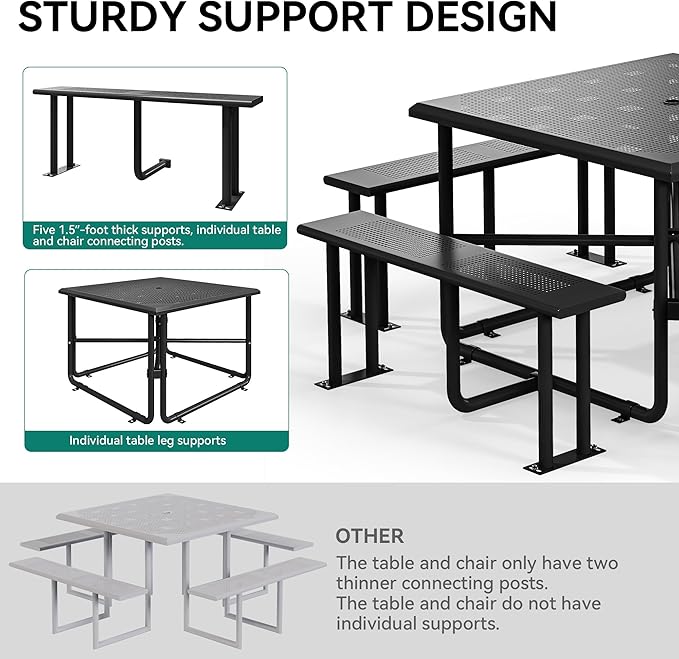 YITAHOME Metal Picnic Table, Powder Coated Outdoor Picnic Table with Heavy-Duty Steel Frame, Adjustable Seats & Umbrella Hole for Yard, Patio, Lawn, Party, Black, Square