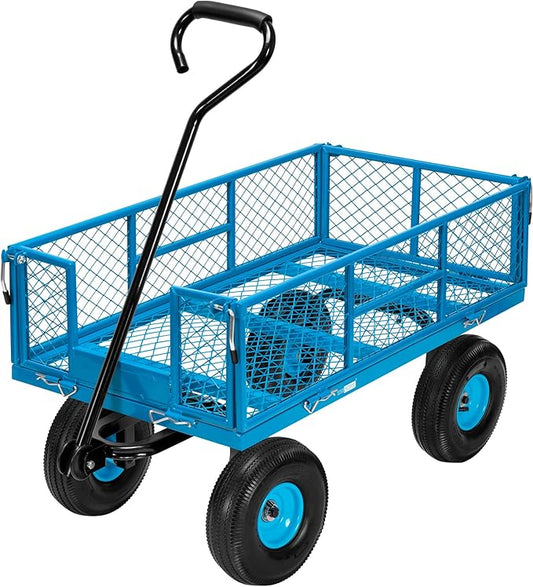 VIVOHOME Heavy Duty 880 Lbs Capacity Mesh Steel Garden Cart Folding Utility Wagon with Removable Sides and 4.10/3.50-4" Wheels 10 inch Tire (Blue)