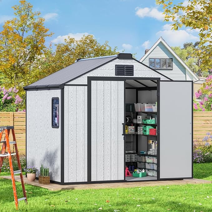 MELLCOM 8 x 6 FT Resin Storage Shed with Floor, Outdoor Garden Tool Shed with Windows and Lockable Door for Patio, Lawnmower, Pool Supply, Bike