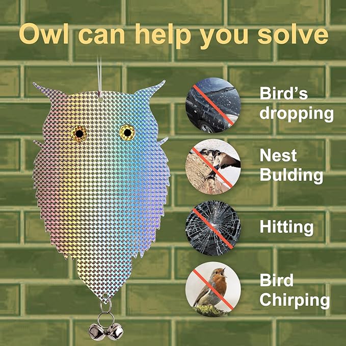 OFFO Owl Decoy 2 PCS with 4 Reflective Bird Scare Rods to Scare Birds Away Bird Device for Woodpecker Pigeon Plastic Hanging Outdoors Reflective Keep Birds Away Home and Garden